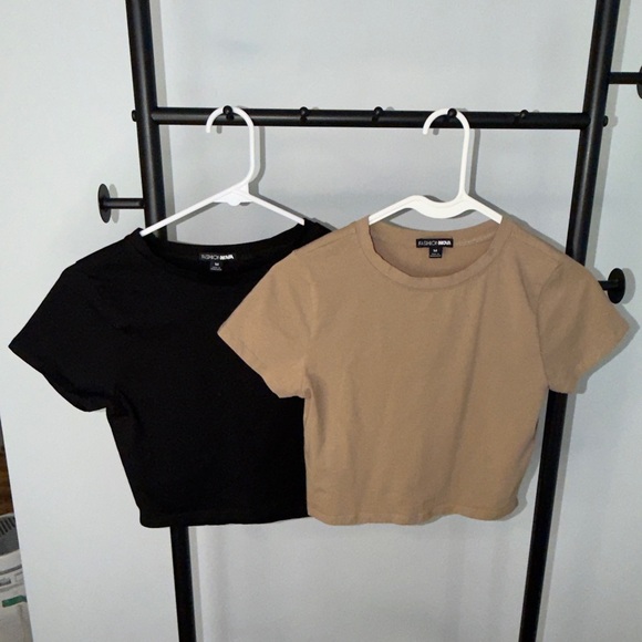 Fashion Nova Tops - Fashion Nova Black and Tan Short Sleeve Crop Tops
